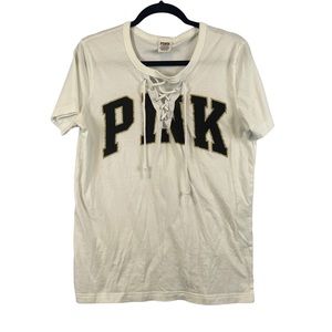 Victoria's Secret PINK logo tee shirt lace up detail on front logo woman's Small